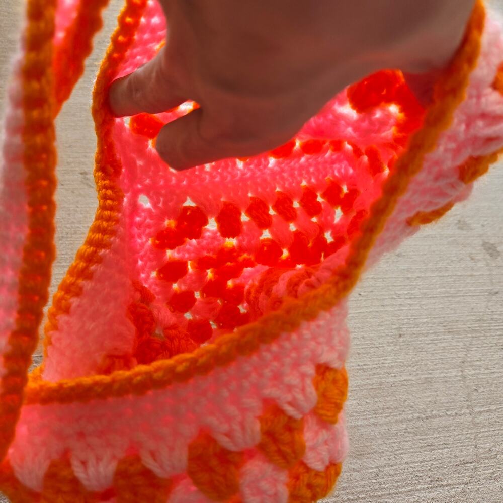 Crochet Purse Shoulder Bag Retro Mod Orange Pink Psychedelic Market Tote Boho - Picture 4 of 4